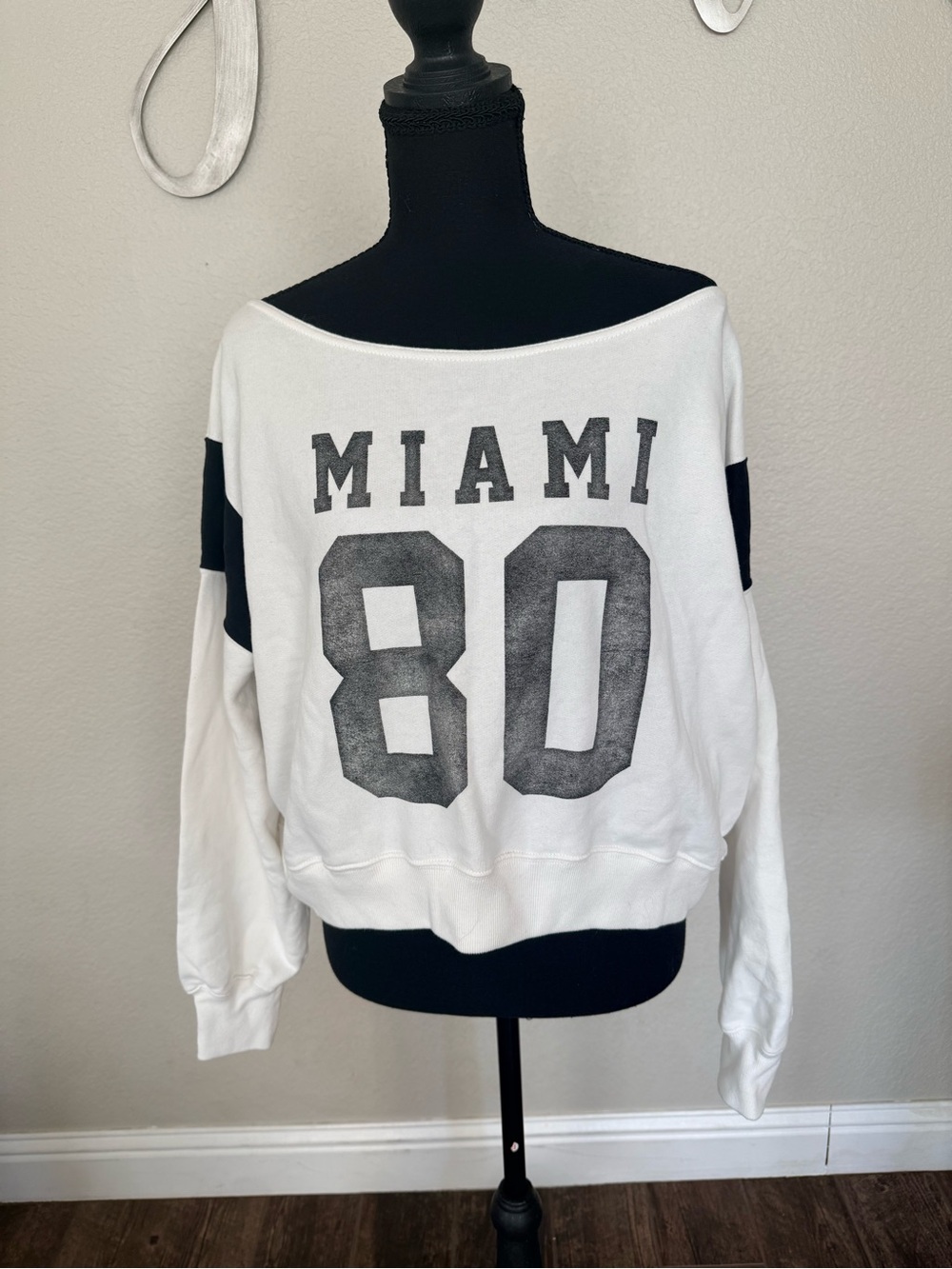 Hollister White Off-Shoulder 'MIAMI 80' Graphic Sweater with Black Accents